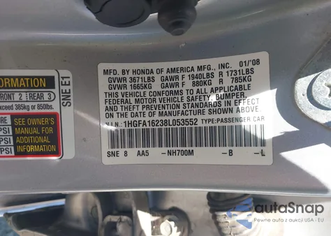 2008 Honda Civic Dx из США, поврежденный, VIN 1HGFA16238L053552